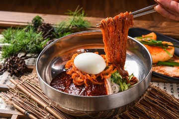 bibim naengmyeon. koreanstyle spicy cold noodles