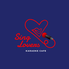 Sing Lovers Karaoke Abstract Vector Sign, Emblem or Logo Template. Singing Mouth in the Microphone in a Heart Shape. Creative Concept.