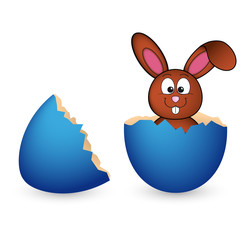 Coniglietto pasquale che esce dall'uovo rotto