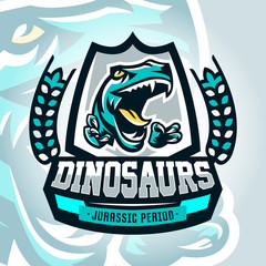 Colourful emblem, logo, dangerous raptor ready to attack, sharp claws, dinosaur of the Jurassic period. Vector illustration, sporty and dynamic style, printing on T-shirts