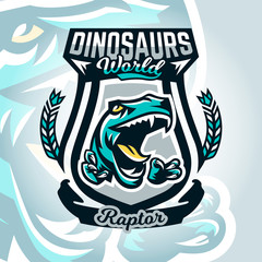 Colourful emblem, logo, dangerous raptor ready to attack, sharp claws, dinosaur of the Jurassic period. Vector illustration, sporty and dynamic style, printing on T-shirts