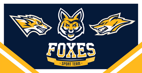 Vector illustration, identity, print, set of logos for companies, teams, sports club, community, aggressive fox ready to attack, forest predator.