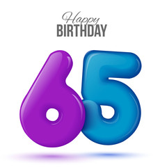 sixty five birthday greeting card template with 3d shiny number sixty five balloon on white background. Birthday party greeting, invitation card, banner with number 65 shaped balloon