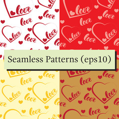 Romantic red love and heart patterns backgrounds set. Vector illustration for holiday design. Many flying words love on white background