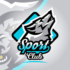 Colorful logo, emblem, a wolf howling at the moon, a dangerous predator of the forest. Vector illustration, dynamic and sport style, printing on T-shirts