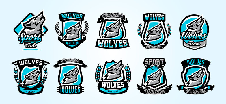 A collection of colorful logos, emblems, wolf howling at the moon, an aggressive predator of the forest. Vector illustration, vibrant and sporty style, printing on T-shirts