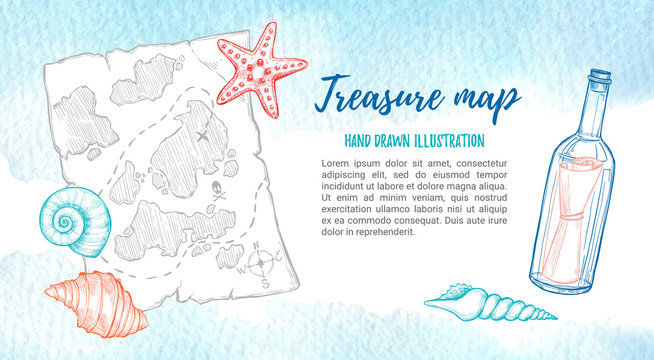 Hand drawn vector illustration - treasure map with sea shells, starfish and bottle. Design elements in sketch style. Perfect for invitations, greeting cards, posters, prints, banners, flyers.The ocean