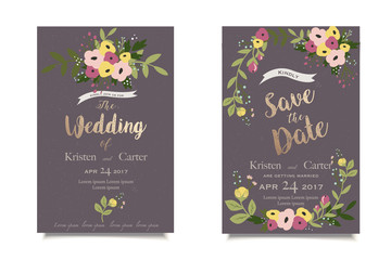 Vintage floral invitation. Wedding invitation or greeting card. Dark background