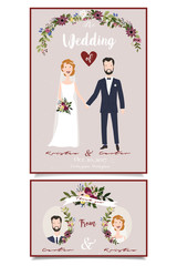 Wedding invitatoin. Bridal couple illustration. Floral design with handwritten text