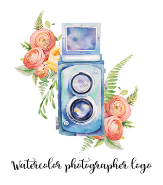 Watercolor photographer logo. Vintage photo camera with bouquets of flowers, branches and fern. Hand painted isolated design. Watercolor illustration