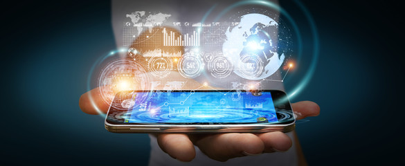 Businessman using hologram screen with digital data