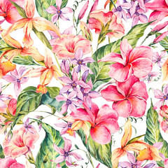 Watercolor floral tropical seamless pattern. 