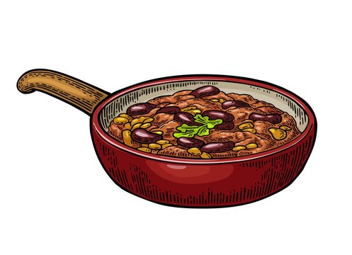 Chili con carne in pan - mexican traditional food. Vector engraving