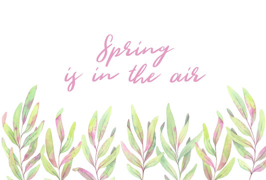 Hand drawn watercolor illustration. Card with leaves and branches. Watercolor design elements. Spring is in the air. Perfect for invitations, greeting cards, blogs, posters and more