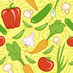 Seamless yellow pattern with different fresh vegetables. Vector illustration