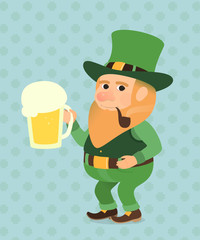 St. Patrick Day Vector illustration green leprechaun with a pint of beer