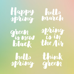 Hello spring lettering typography set. Calligraphy postcard or poster graphic design element. Hand written style card. Simple vector brush sign. White ink on green dreamy gradient.