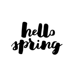 Hello spring lettering typography. Calligraphy postcard or poster graphic design element. Hand written style card. Simple vector brush sign. seasonal quote with black ink on white isolated background