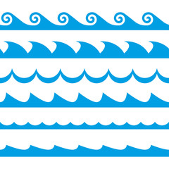 Wave set. Waves seamless pattern. Decoration template of sea and ocean waves. Vector illustration.