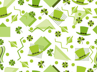 St. Patrick's Day seamless pattern with clover and leprechaun hat in the Memphis style. Vector illustration