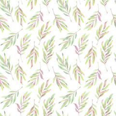 Hand drawn watercolor Seamless pattern. Background with spring leaves and branches. Watercolor design elements.  Perfect for invitations, greeting cards, blogs, posters