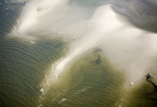 Aerial view of Hallig coastal landscape, Germany, April 2009