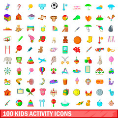 100 kids activity icons set, cartoon style