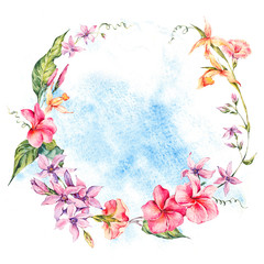 Exotic round frame, flowers, twigs and leaves.