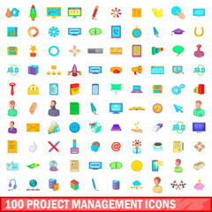 100 project management icons set, cartoon style