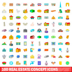 100 real estate concept icons set, cartoon style