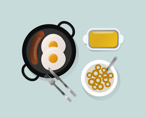 Healthy breakfast scrambled eggs lunch food top view vector.
