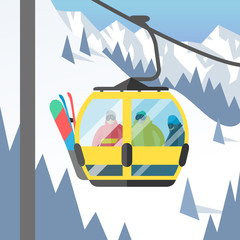 Snowboarder sitting in ski gondola and lift elevators winter sport resort snowboard people rest lifting jump vector illustration mountain