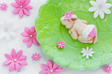 Edible fondant sleeping baby girl and flowers cake topper for decoration christening cake