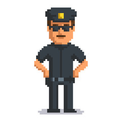 Officer isolated on white background. Sheriff pixel game style illustration. Cop vector pixel art design. funny 8 bit police guy character icon. 