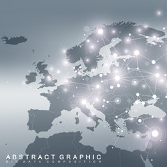 Geometric graphic background communication with Europe Map. Big data complex with compounds. Perspective backdrop. Minimal array. Digital data visualization. Scientific cybernetic vector illustration.