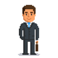 Businessman isolated on white background. Office man with suitcase pixel game style illustration. Worker vector pixel art design. funny 8 bit people character icon. 