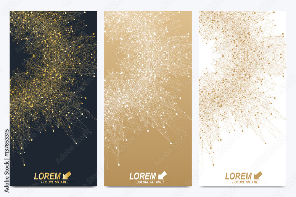 Poster Modern set of vector flyers. Geometric abstract presentation. Molecule and communication background for medicine, science, technology, chemistry. Golden cybernetic dots. Lines plexus. Card surface.