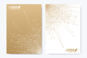 Vector template for brochure, Leaflet, flyer, advert, cover, catalog, magazine or annual report. Geometric background molecule and communication. Golden cybernetic dots. Lines plexus. Card surface.