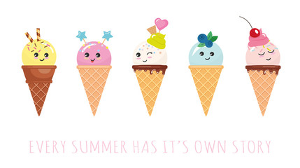 Kawaii ice cream cone characters. Cute cartoons isolated on white.