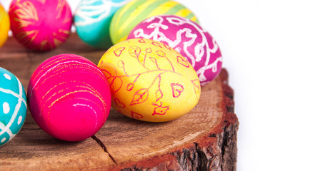 Closeup of beautiful Easter eggs with their hands. A festive mood. 
