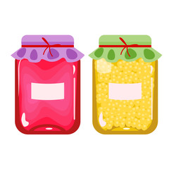 Set of two cans of canned jam or juice. Strawberry or raspberry jam and honey jar with labels. Stocks for the winter. Vector, illustration in flat style isolated on white background EPS10.