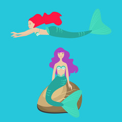 Two mermaids, or sirens in the ocean. Flat character isolated on blue background. Vector, illustration EPS10.