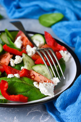 Vegetable salad with tomatoes, spinach and peppers on a concrete, gray background.