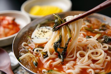 Noodles in Young Summer Radish Kimchi Broth. yeolmu kimchi guksu