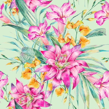 Watercolor vintage floral tropical seamless pattern