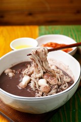 pat kalguksu. Noodle Soup with Red Beans 