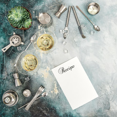 Flat lay champagne succulent plant Drink making tools