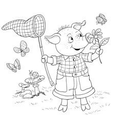 Three little pigs. Fairy tale. A cute pig with a net. Illustration for children