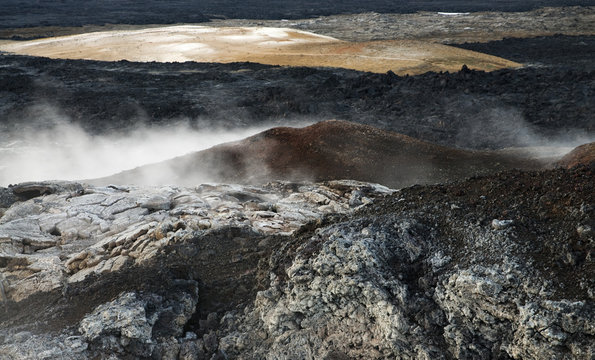 Acidic steam and solidified lava surface at Leirhnj&uacute;kur, Iceland, June 2008