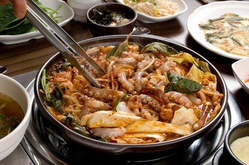 small octopus with grilled pork belly.  Nakji and samgyeopsal.